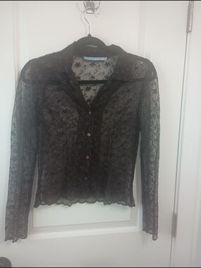 Vintage Sheer Brown Floral Lace Button-Down Top